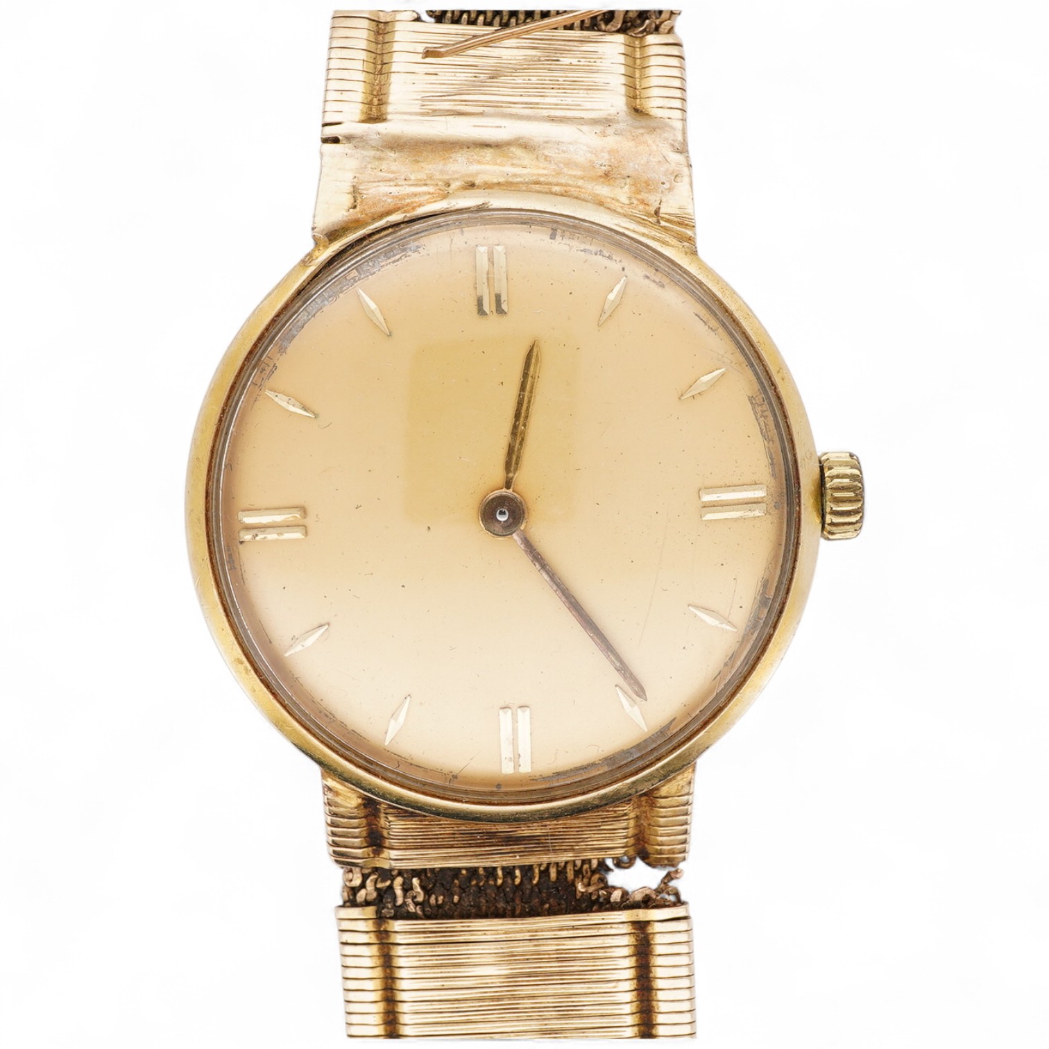 A gentleman's 1960's 14k Lucien Piccard manual wind wrist watch, with baton numerals and case back inscription, case diameter 27mm, on a damaged integral 14k bracelet.